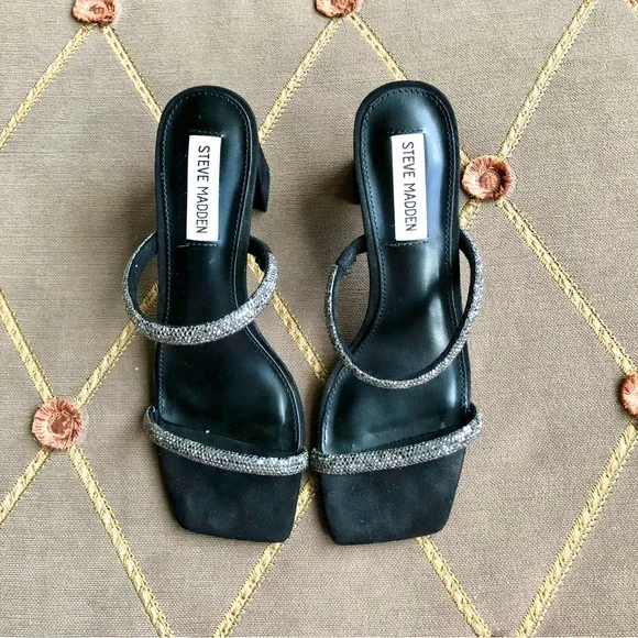 Sold Steve Madden Sandals Slides with High Heel in Silver Sparkle & Black (7.5) - Picture 2 of 7